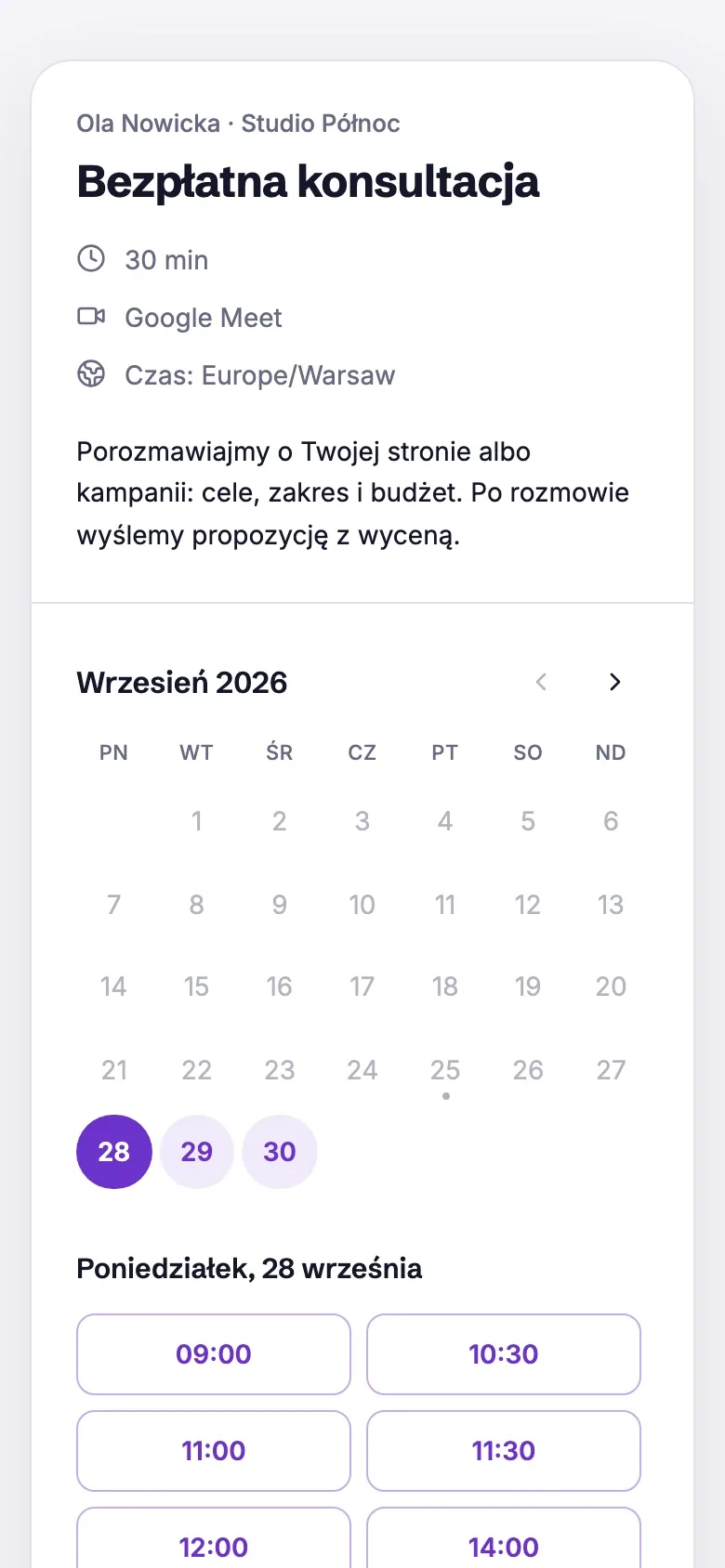 Publiczna strona rezerwacji Kiro na telefonie